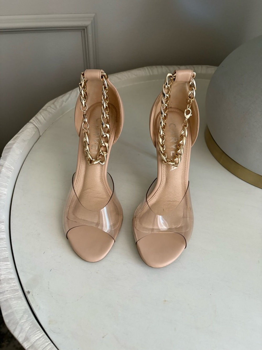 Chain-Ankle Clear Strap Heels in Nude